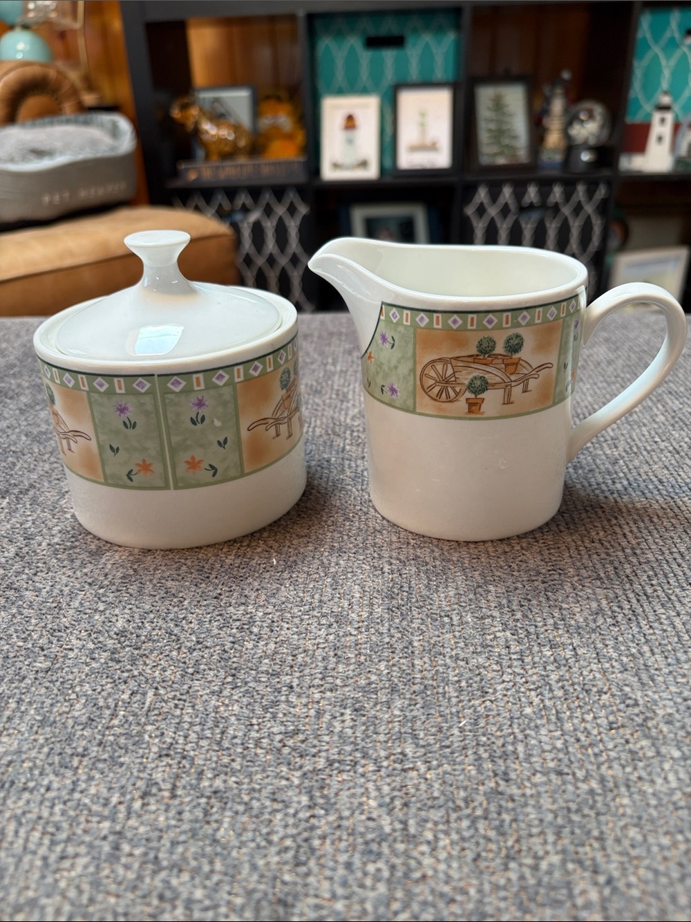 Sango Brandywine Cream Ceramic Sugar Bowl and Creamer Set